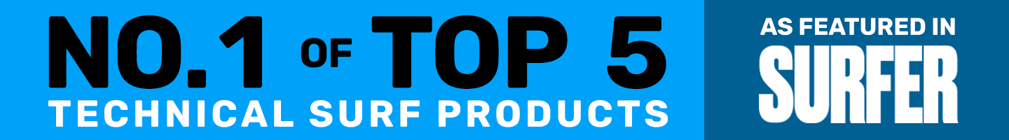 Blue banner with black text declaring 'No. 1 of Top 5 Technical Surf Products' as featured in Surfer magazine.
