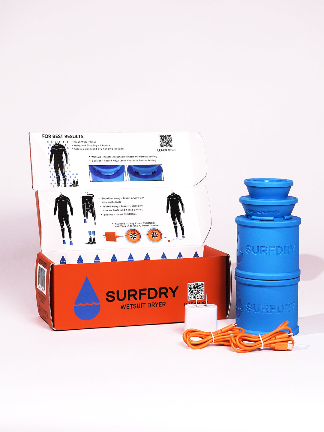 Surfdry wetsuit dryer with packaging and instructions on a white background