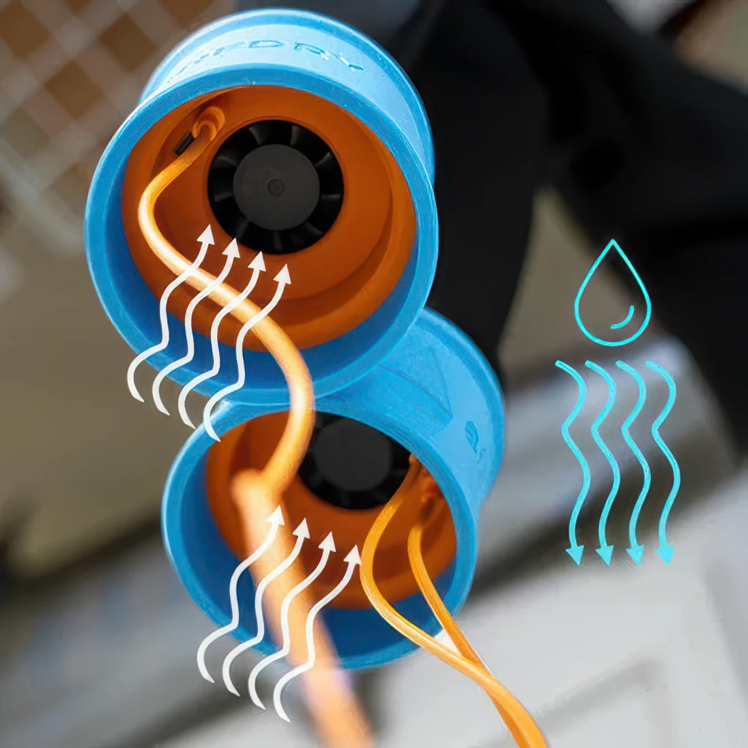 Close-up of a SURFDRY, showing airflow and water droplet graphics.