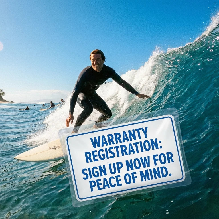 Person surfing with a warranty registration sign overlay
